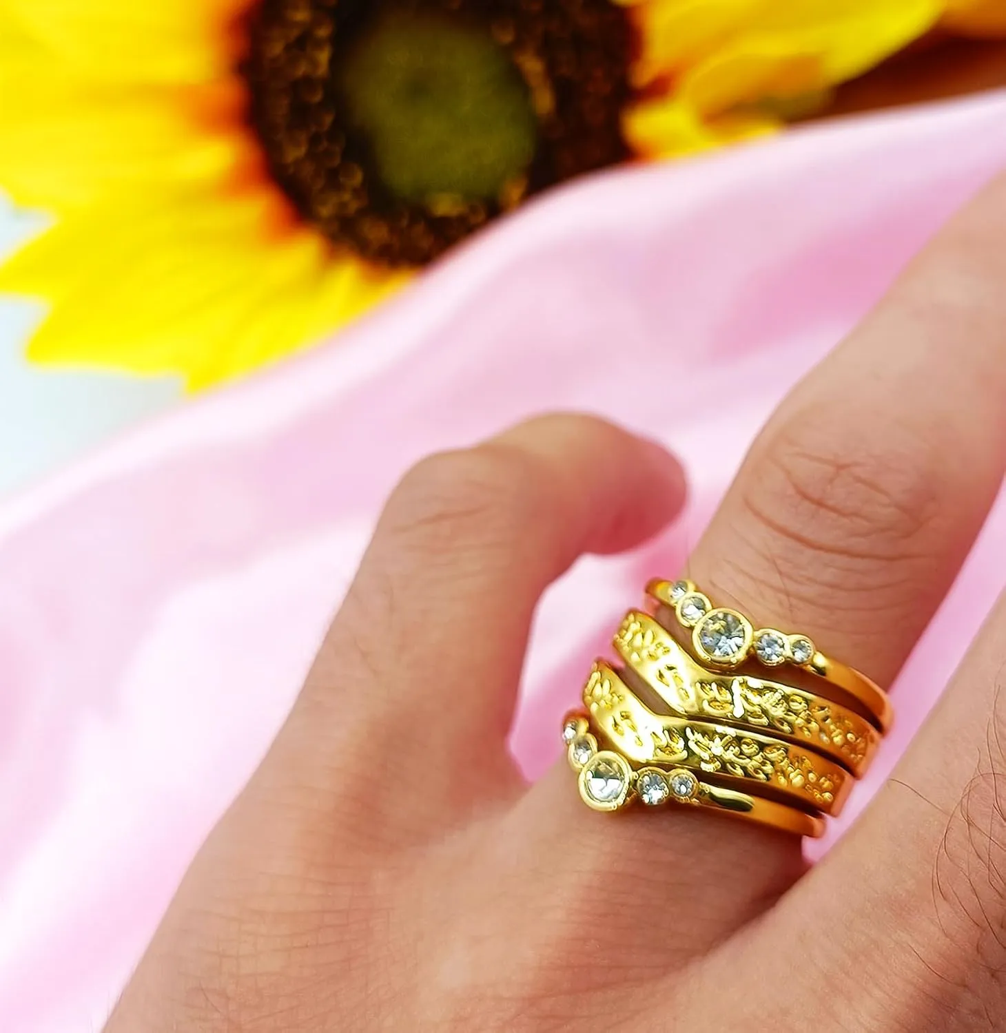 Stackable Gold Rings for Women Set Dainty Trendy Gold Plated Non Tarnish Statement V-Shaped Flower Ring Stacking Cubic Zirconia Fashion Ring Jewelry Size 6 7 8 9 10 11