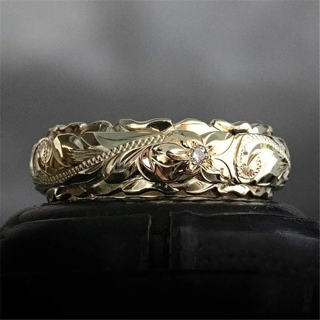 Stackable Wedding Band for Women,Gold Plated Engraved Rose Flower Thumb Rings Anniversary Valentines Day Mother's Day Gifts