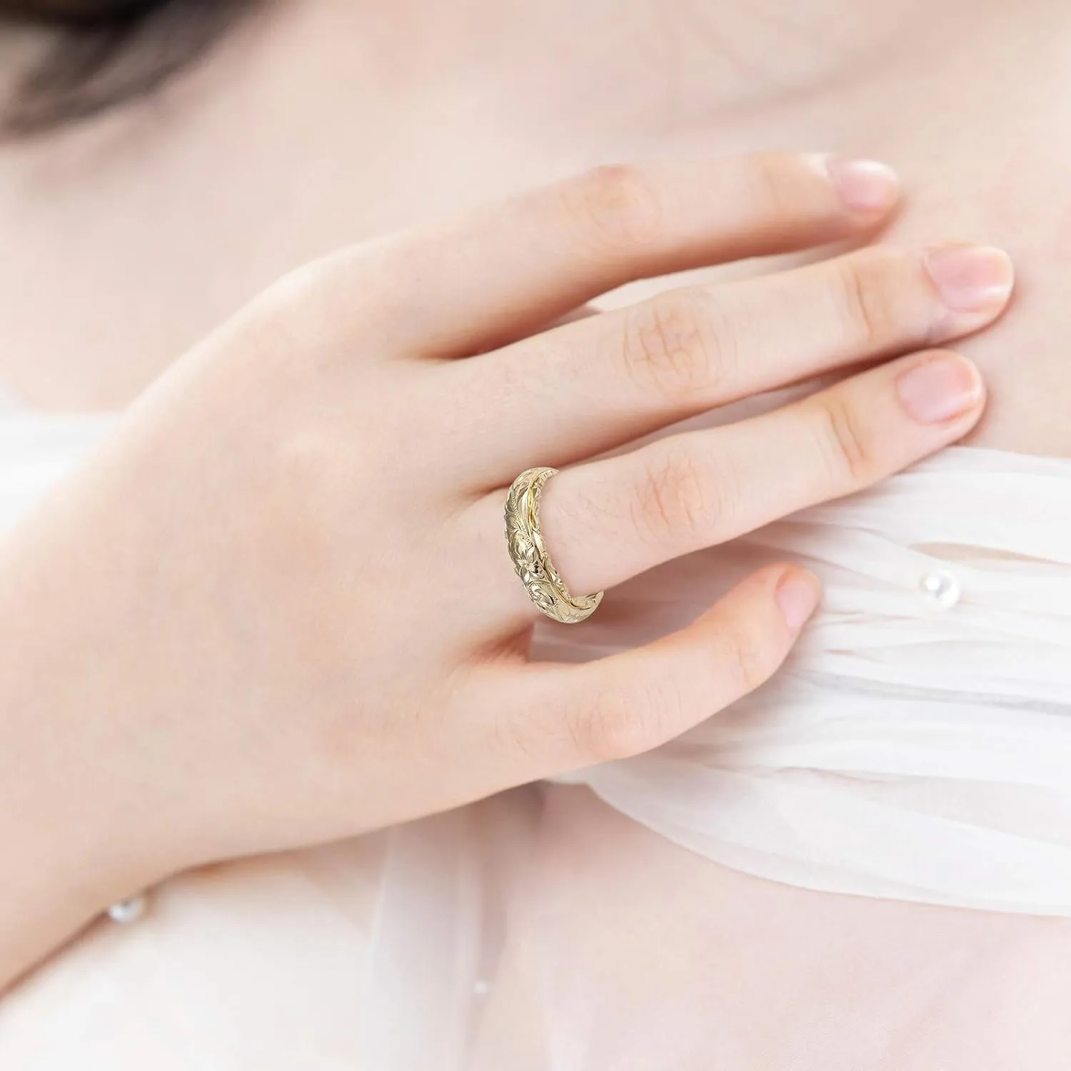 Stackable Wedding Band for Women,Gold Plated Engraved Rose Flower Thumb Rings Anniversary Valentines Day Mother's Day Gifts