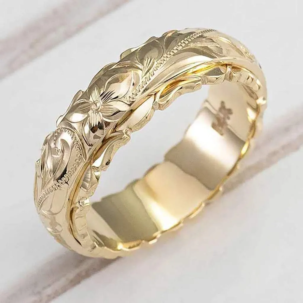 Stackable Wedding Band for Women,Gold Plated Engraved Rose Flower Thumb Rings Anniversary Valentines Day Mother's Day Gifts