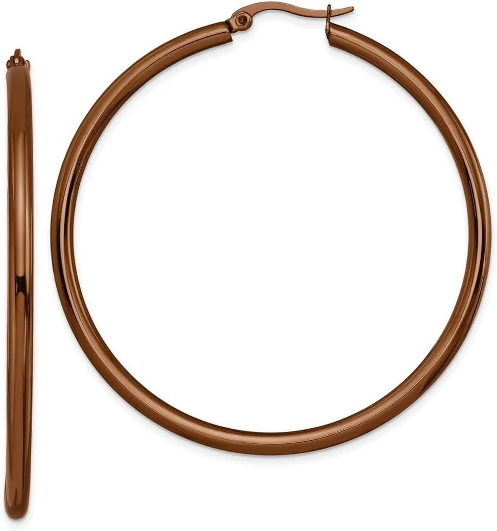 Stainless Steel Polished Hinged hoop Brown Plated Round-Hoop Earringss 52x3mm Wide 3mm Thick-Hoop Earring for Women