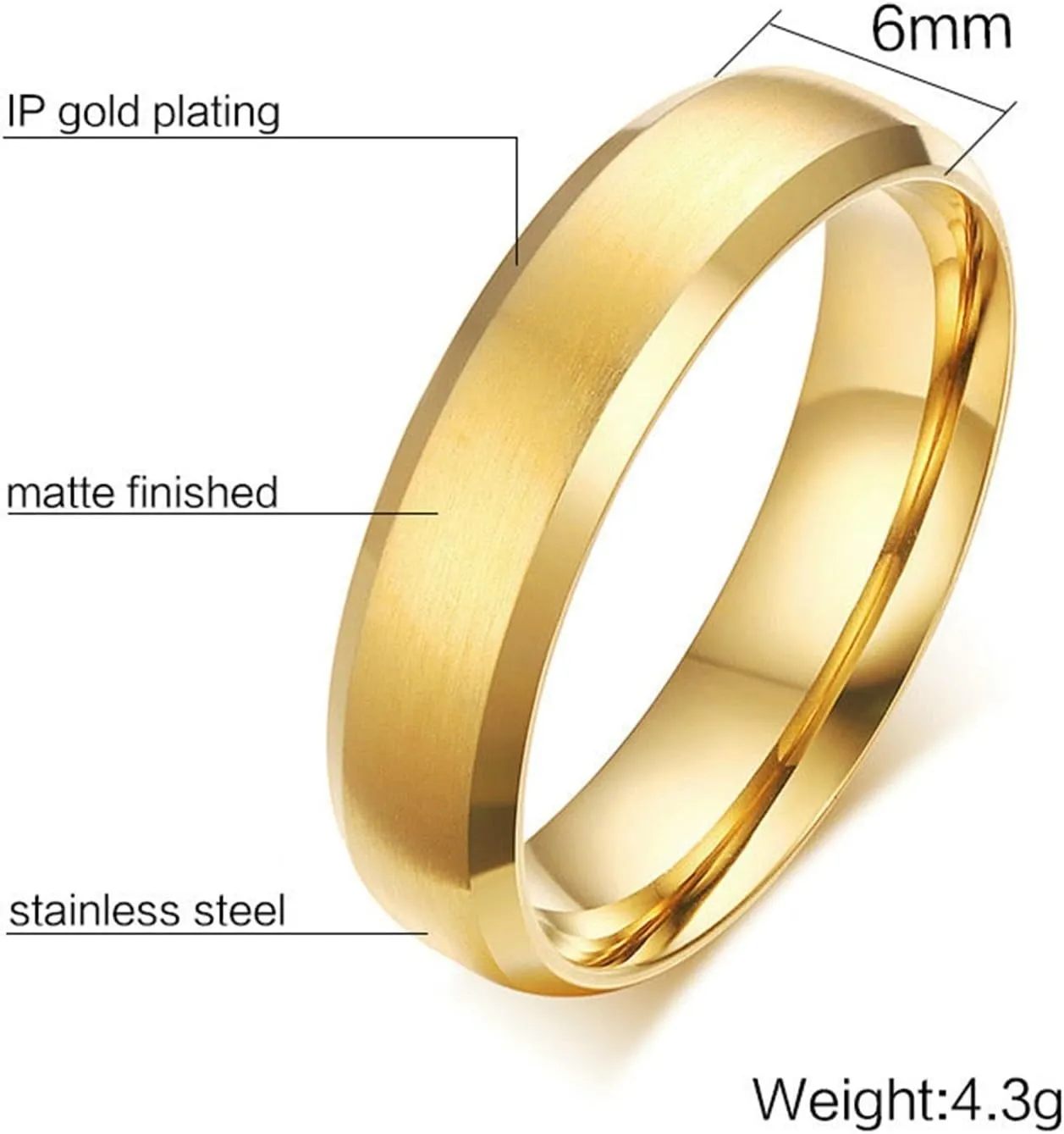 Stainless Steel Rings for Couples, Wedding Anniversary Rings for Couples Personalized 6MM Gold Brushed Ring Beveled Edge Size 6-13
