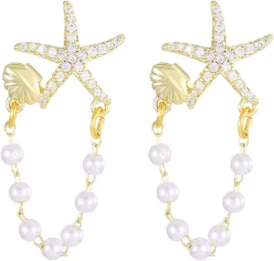 Starfish Earrings for Women 14K Gold Shell Pearl Dangle Earrings Rhinestone Starfish Pearl Chain Dangle Earrings Summer Beach Jewelry for Women