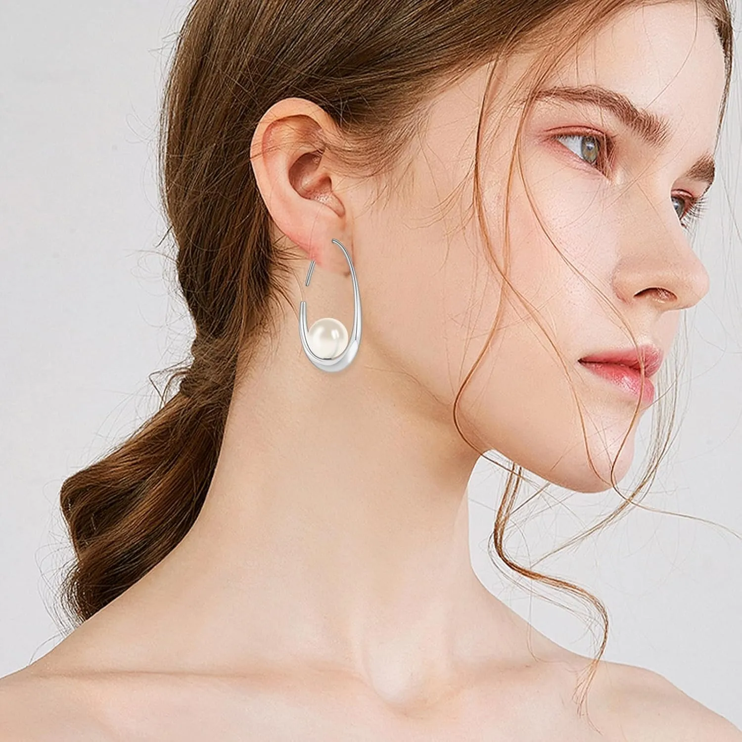 Statement Large Oval Hoop Pearl Earrings, Gold Pearl Drop Dangle Earrings for Women, Teardrop Silver Pearl Drop Earrings, Statement Fashion Wedding Bridal Earrings as Birthday Christmas Gifts