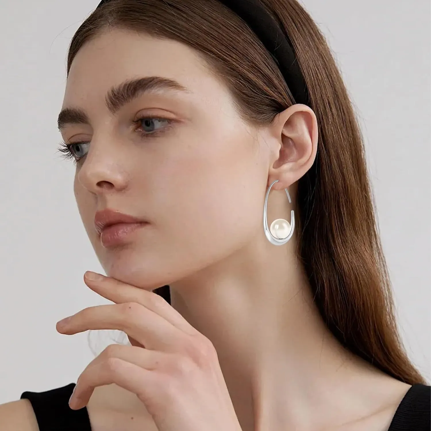 Statement Large Oval Hoop Pearl Earrings, Gold Pearl Drop Dangle Earrings for Women, Teardrop Silver Pearl Drop Earrings, Statement Fashion Wedding Bridal Earrings as Birthday Christmas Gifts