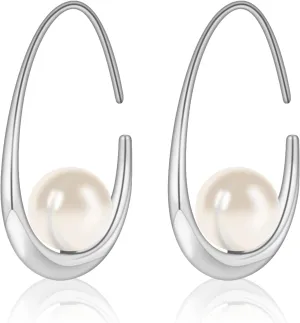 Statement Large Oval Hoop Pearl Earrings, Gold Pearl Drop Dangle Earrings for Women, Teardrop Silver Pearl Drop Earrings, Statement Fashion Wedding Bridal Earrings as Birthday Christmas Gifts