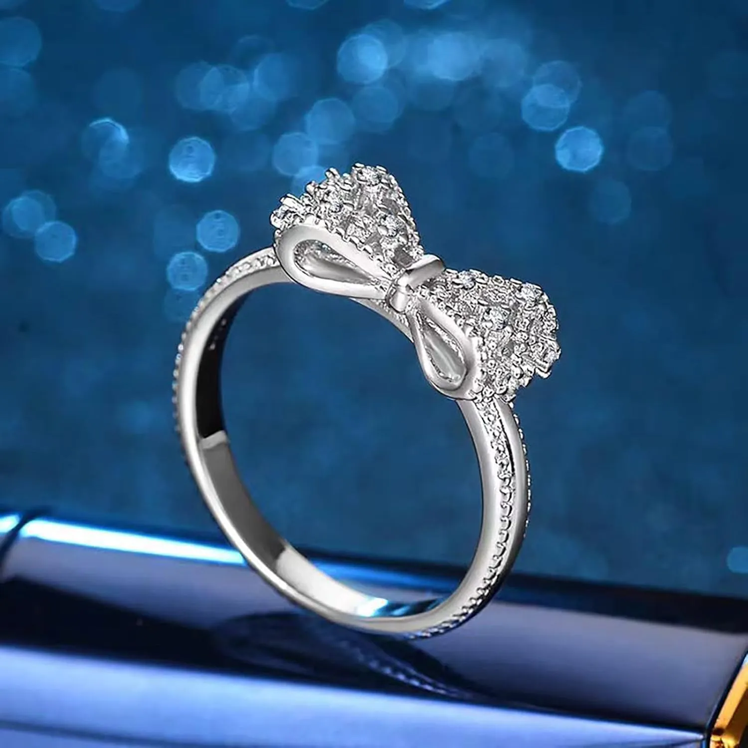 Sterling Silver Bow Ring for Women, 14K White Gold Plated, Wedding Band Promise Ring