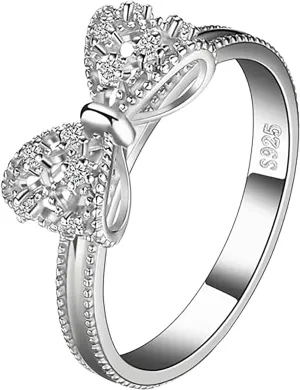 Sterling Silver Bow Ring for Women, 14K White Gold Plated, Wedding Band Promise Ring