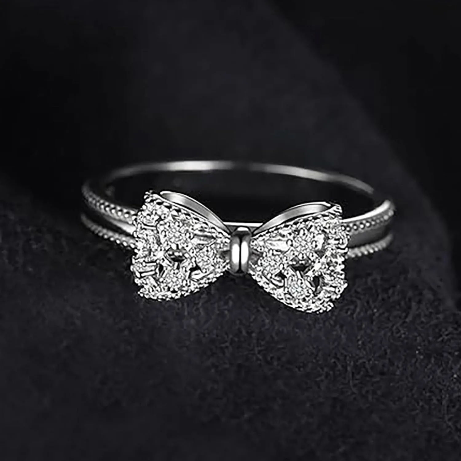 Sterling Silver Bow Ring for Women, 14K White Gold Plated, Wedding Band Promise Ring