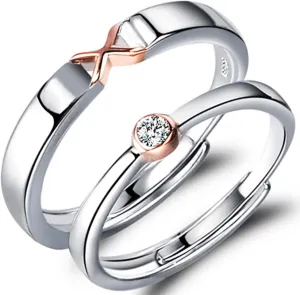 Sterling Silver Couple Promise Rings, Rings for Women Adjustable Couple Ring White Cubic Zirconia Round Shape Ring