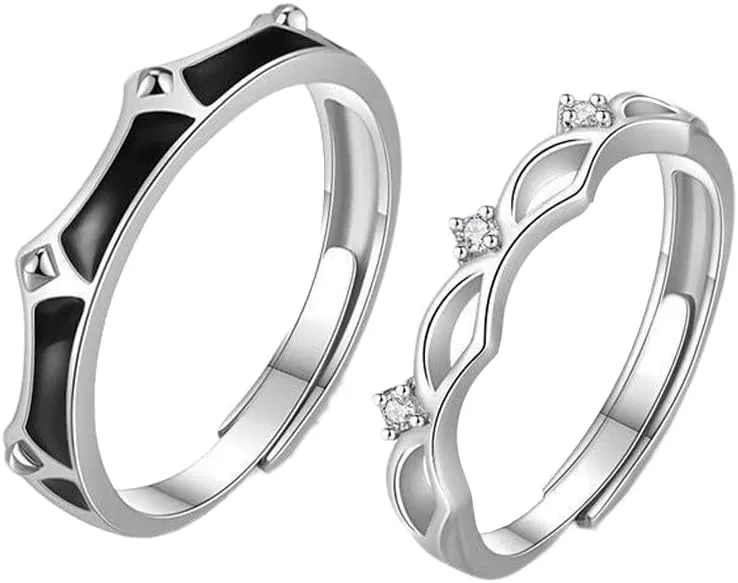 Sterling Silver Couples Matching King Queen Promise Rings for Her, Him, Women, Men Engagement Wedding Adjustable Ring, Gift Wrap