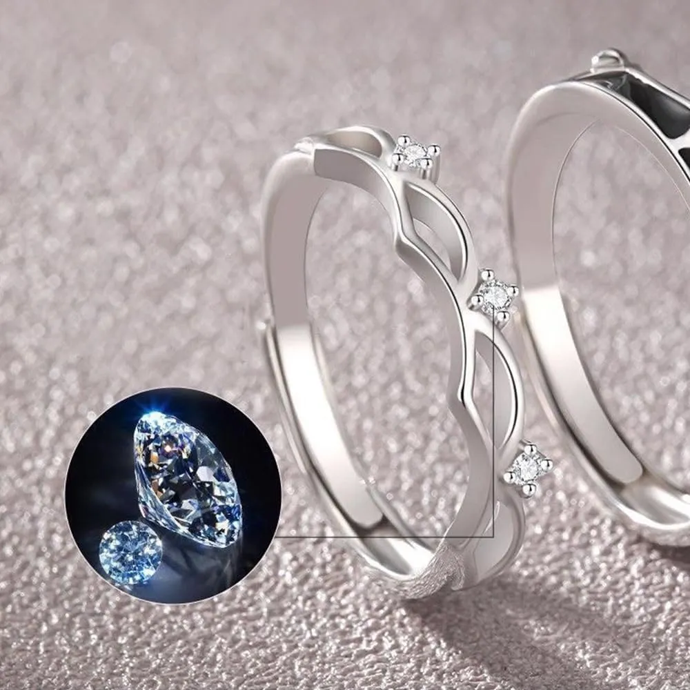 Sterling Silver Couples Matching King Queen Promise Rings for Her, Him, Women, Men Engagement Wedding Adjustable Ring, Gift Wrap