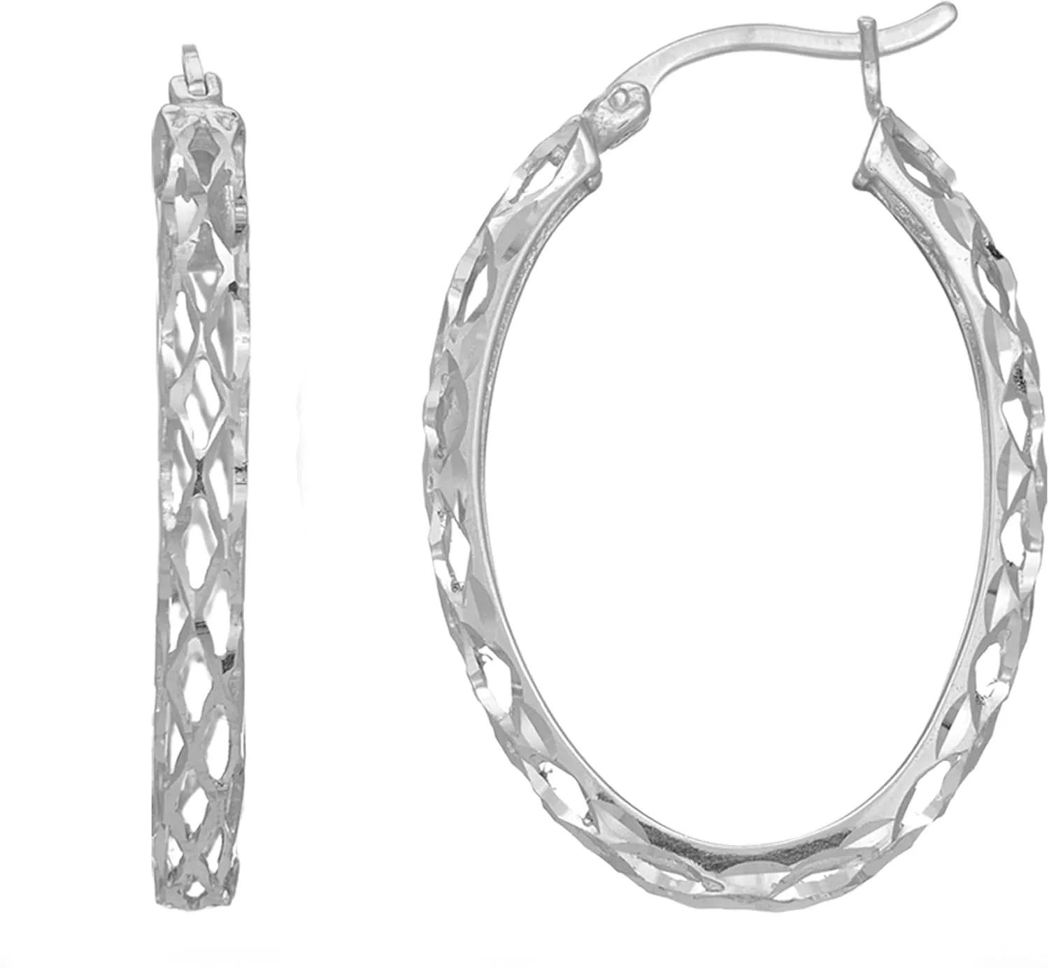 Sterling Silver Diamond Cut Weaved Oval Hoop Earrings, Diameter 30mm