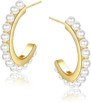 Sterling Silver Pearl Hoop Earrings for Women 14K Gold Plated Small Huggie Hoop Earrings Tiny Pearl Earrings Irregular Pearl Earrings Jewelry