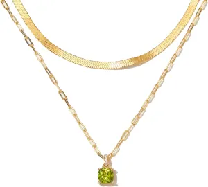 STORYJEWELLERY Birthstone Necklace for Women, Gold Layered Necklaces for Women, 18K Gold Plated Layering Pendant Snake Herringbone Paperclip Chain Necklace Choker Jewelry Gift for Women(P 08)