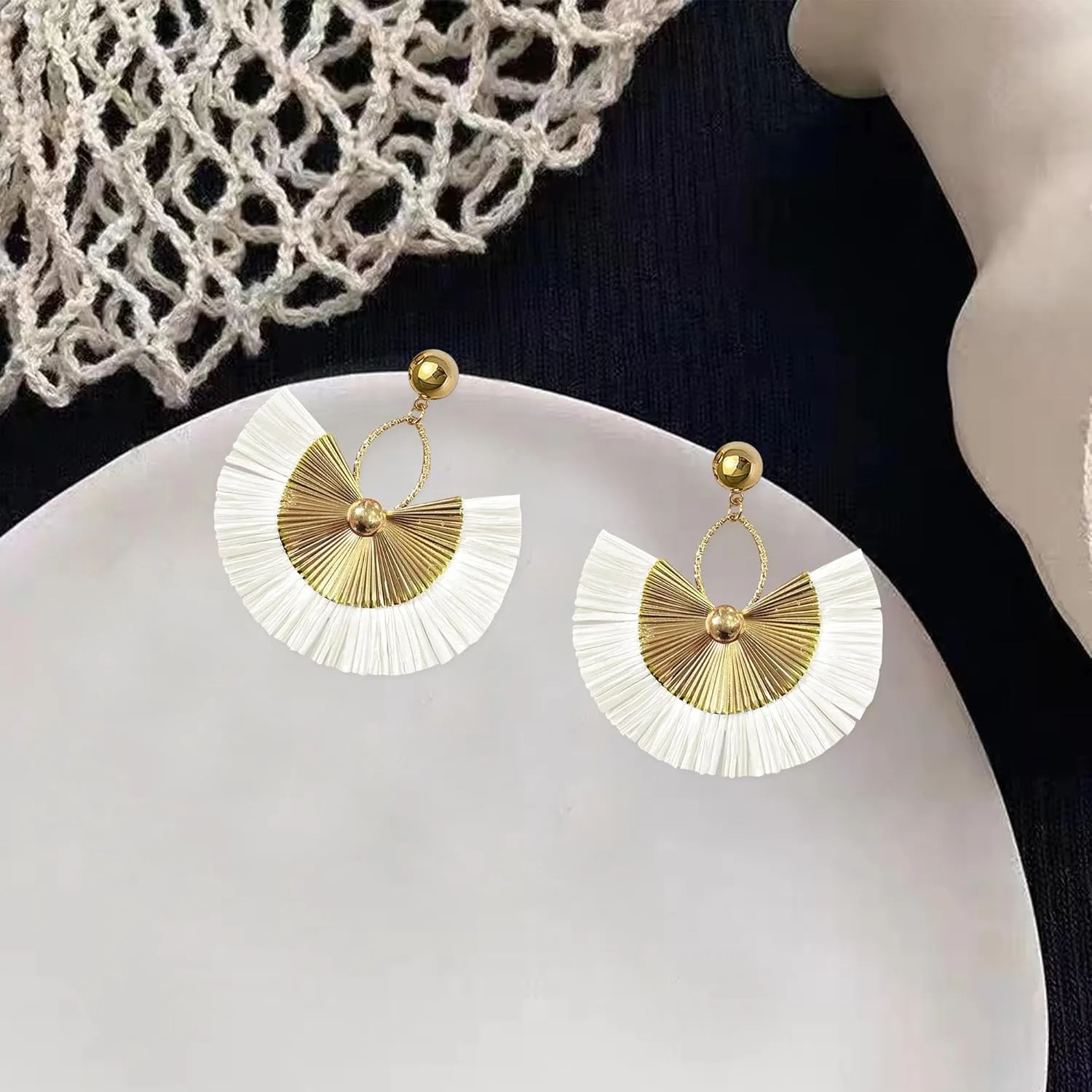 Straw Women Tassel Earrings Bohemia Fan Shape Thread Tassel Statement Drop Dangle Earrings