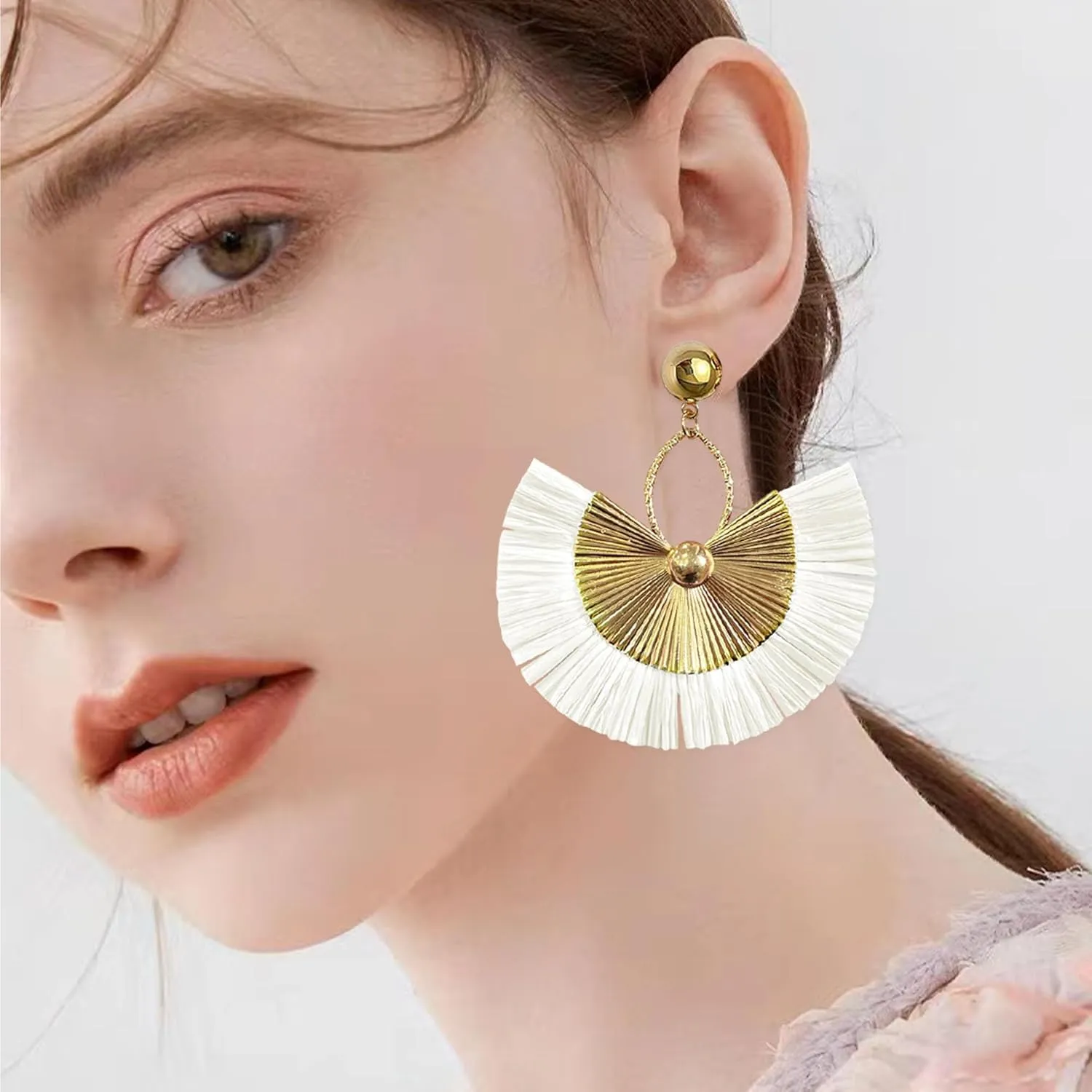 Straw Women Tassel Earrings Bohemia Fan Shape Thread Tassel Statement Drop Dangle Earrings