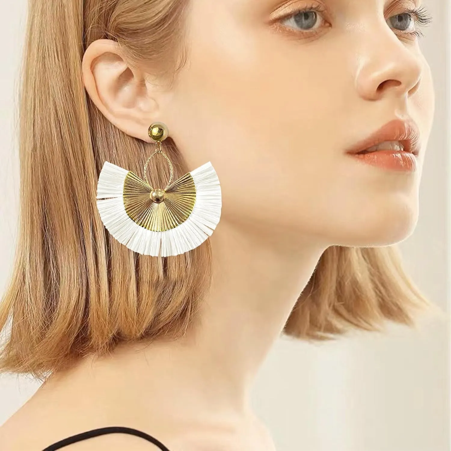 Straw Women Tassel Earrings Bohemia Fan Shape Thread Tassel Statement Drop Dangle Earrings
