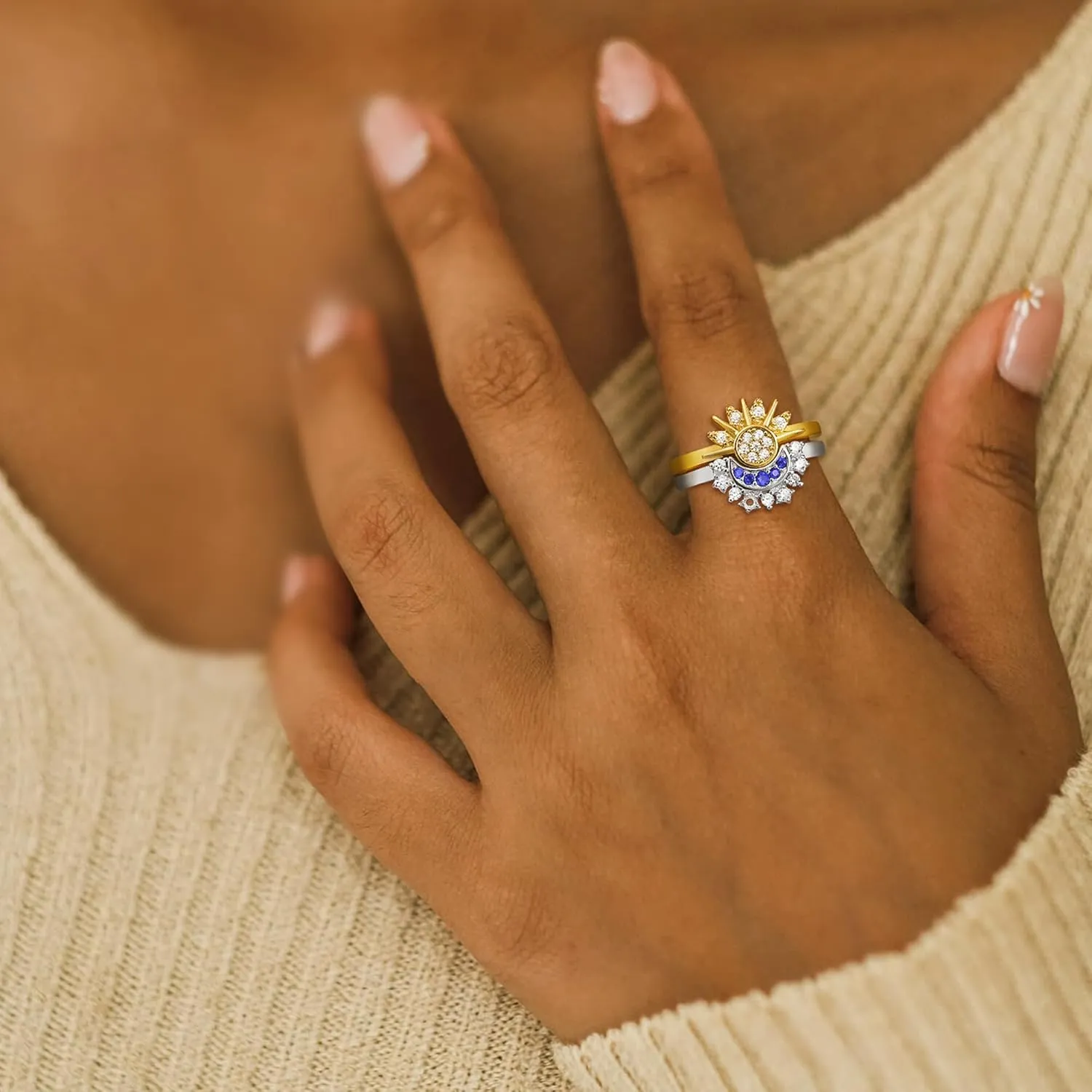 Sun and Moon Rings for Women, 2PCS 14k Gold/Silver Plated Stackable Rings for Women Chunky Gold Rings Set Cute Fashion Stacking Matching Rings Dainty Adjustable Knuckle Womens Rings Jewelry