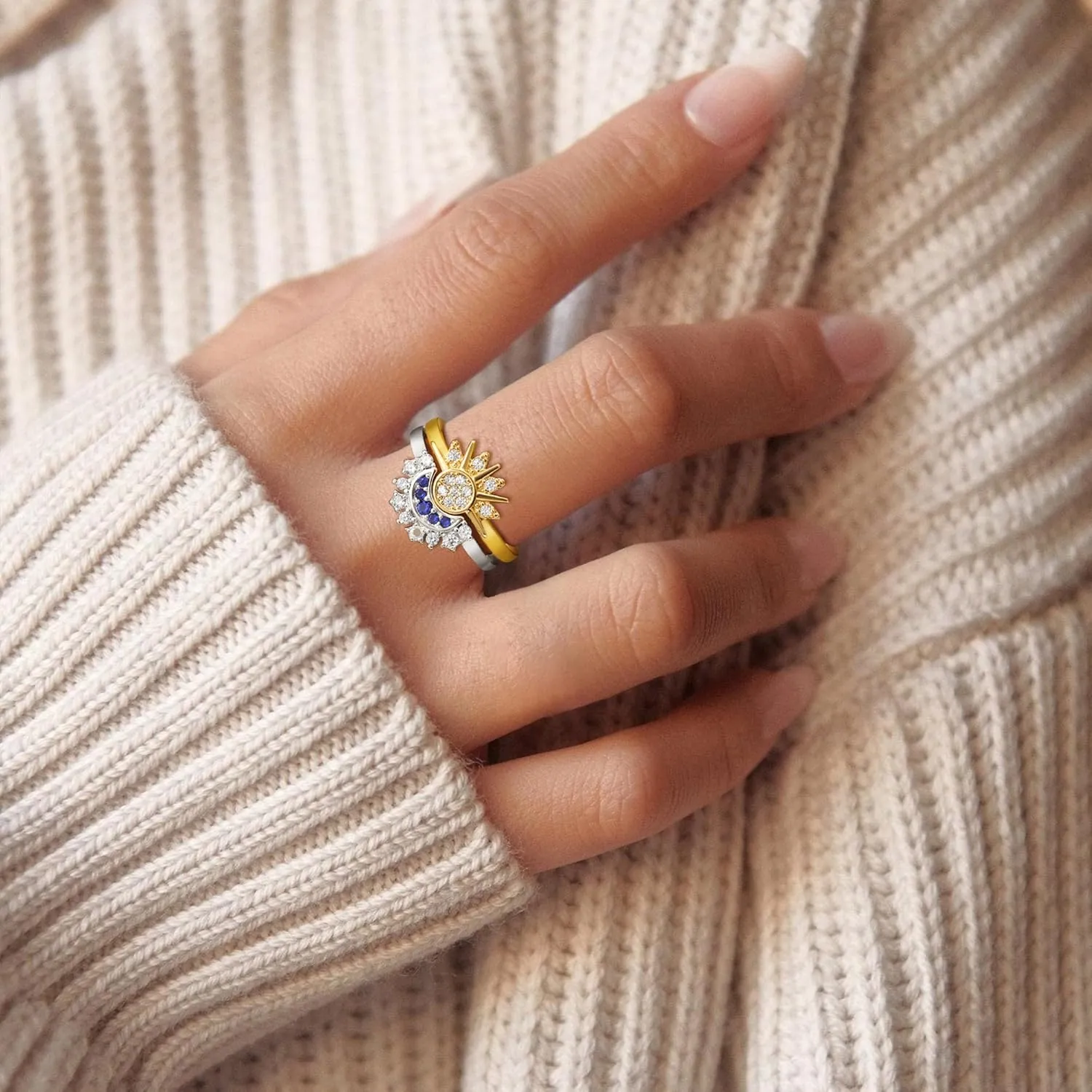 Sun and Moon Rings for Women, 2PCS 14k Gold/Silver Plated Stackable Rings for Women Chunky Gold Rings Set Cute Fashion Stacking Matching Rings Dainty Adjustable Knuckle Womens Rings Jewelry
