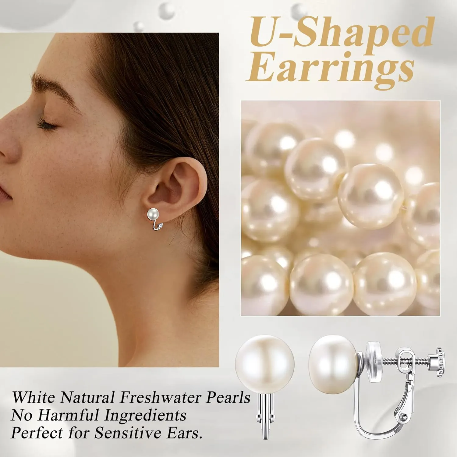 Suplight 925 Stelring Silver Freshwater Pearl Non Piercing Clip On Pearl Earrings 6-8-10 mm Earrings Stud Jewelry for Women (with Gift Box)