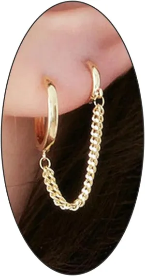 Tassel Chain Hoop Earring for Women Vintage Chunky 14k Gold Cartilage Stud Earrings Minimalist Multiple Piercing Drop Earrings Jewelry Gift