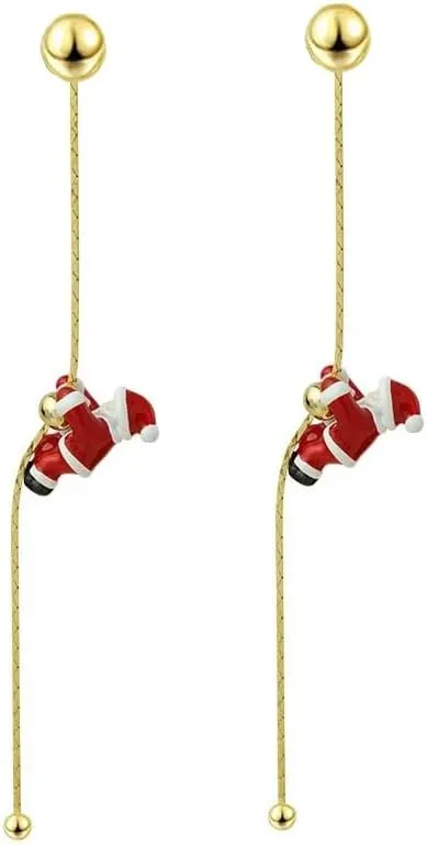 Tassel Santa Claus Dangle Drop Ear Jacket Earrings for Women Gold Plated Chain Threader Dangling Tiny Ball Cartilage Front Back Stud Earring Cute Christmas Holiday Festive Party Jewelry Gifts