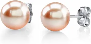THE PEARL SOURCE 14K Gold 7-8mm Round Peach Freshwater Cultured Pearl Stud Earrings for Women