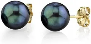 THE PEARL SOURCE 18K Gold 6-6.5mm AAA Quality Round Black Akoya Cultured Pearl Stud Earrings for Women
