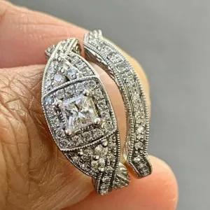 THEONECARATS 1 Ct Princess Diamond 1890s Vintage Style Art Deco Milgrain Bridal Engagement Ring Set For Women 14K Gold Plated Victorian Antique Wedding Band Set Handmade Stacking Matching Jewelry