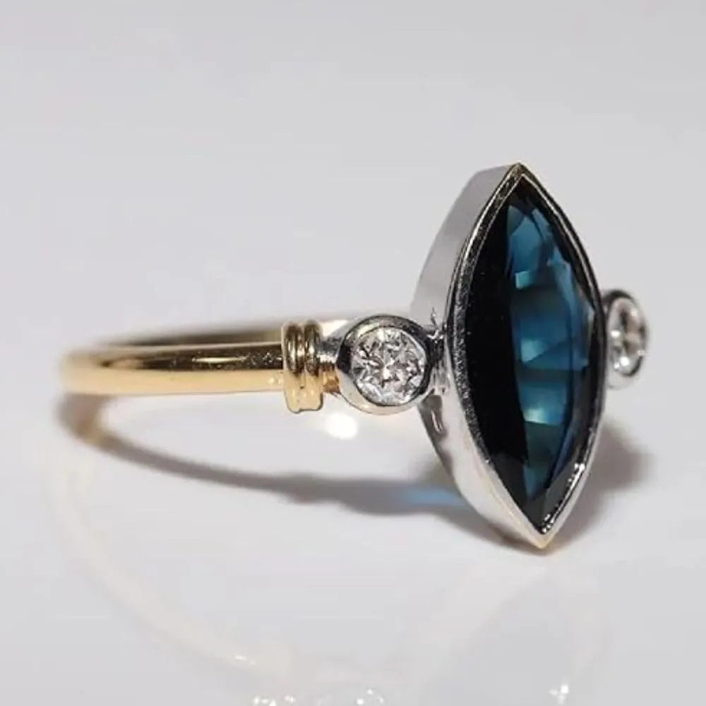 THEONECARATS 1.30 Ct Marquise Blue Sapphire Diamond Three Stone Bezel Set Solitaire Engagement Ring For Women 14k Gold Plated Two Tone Wedding Ring 925 Sterling Silver Handmade Anniversary Beautiful Ring