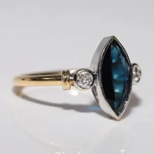 THEONECARATS 1.30 Ct Marquise Blue Sapphire Diamond Three Stone Bezel Set Solitaire Engagement Ring For Women 14k Gold Plated Two Tone Wedding Ring 925 Sterling Silver Handmade Anniversary Beautiful Ring