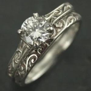 THEONECARATS 1.50 Ct Round Diamond Antique Style Art Nouveau Flourish Bridal Engagement Ring Set For Women 14K White Gold Plated Filigree Wedding Band Set Handmade Stacking Matching Proposal Ring