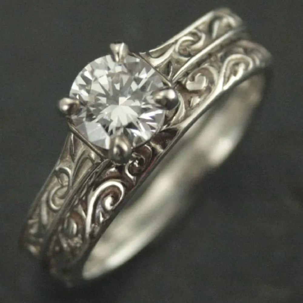 THEONECARATS 1.50 Ct Round Diamond Antique Style Art Nouveau Flourish Bridal Engagement Ring Set For Women 14K White Gold Plated Filigree Wedding Band Set Handmade Stacking Matching Proposal Ring