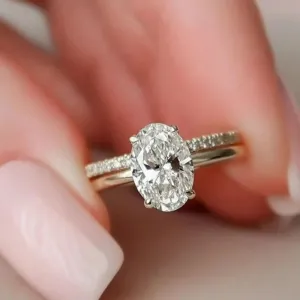 THEONECARATS 2 Ct Oval Diamond Classic Hidden Halo Solitaire Bridal Engagement Ring Set For Women 14K White Gold Plated Eternity Stacking Wedding Band Set 925 Sterling Silver Handmade Delicate Jewelry