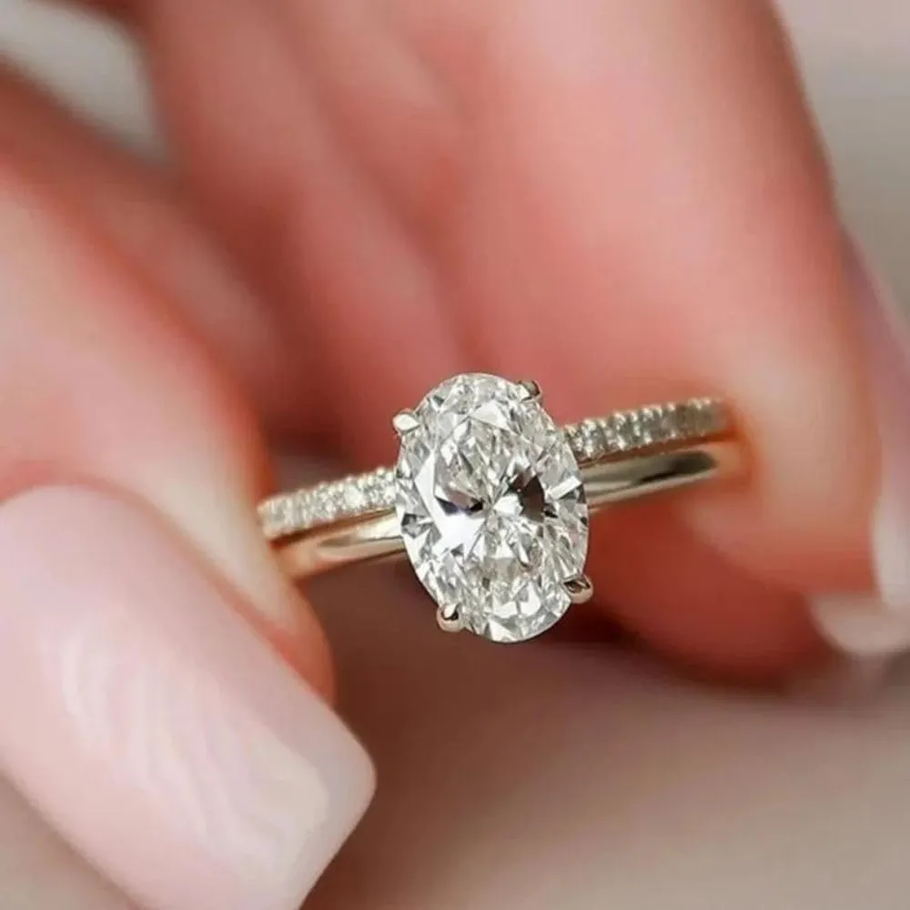 THEONECARATS 2 Ct Oval Diamond Classic Hidden Halo Solitaire Bridal Engagement Ring Set For Women 14K White Gold Plated Eternity Stacking Wedding Band Set 925 Sterling Silver Handmade Delicate Jewelry