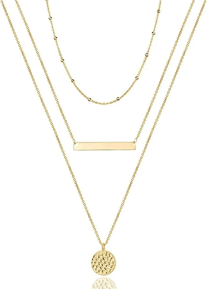 TianBo Layered Necklace Dainty Disc Chokers Necklace 14K Gold Plated Y Pendant Multilayer Bar Adjustable Layering Necklace for Women