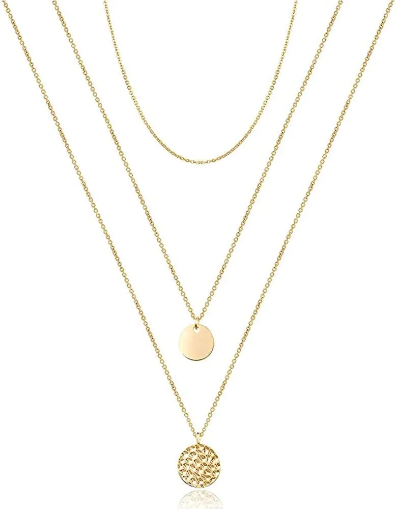 TianBo Layered Necklace Dainty Disc Chokers Necklace 14K Gold Plated Y Pendant Multilayer Bar Adjustable Layering Necklace for Women