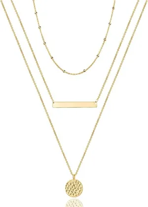 TianBo Layered Necklace Dainty Disc Chokers Necklace 14K Gold Plated Y Pendant Multilayer Bar Adjustable Layering Necklace for Women