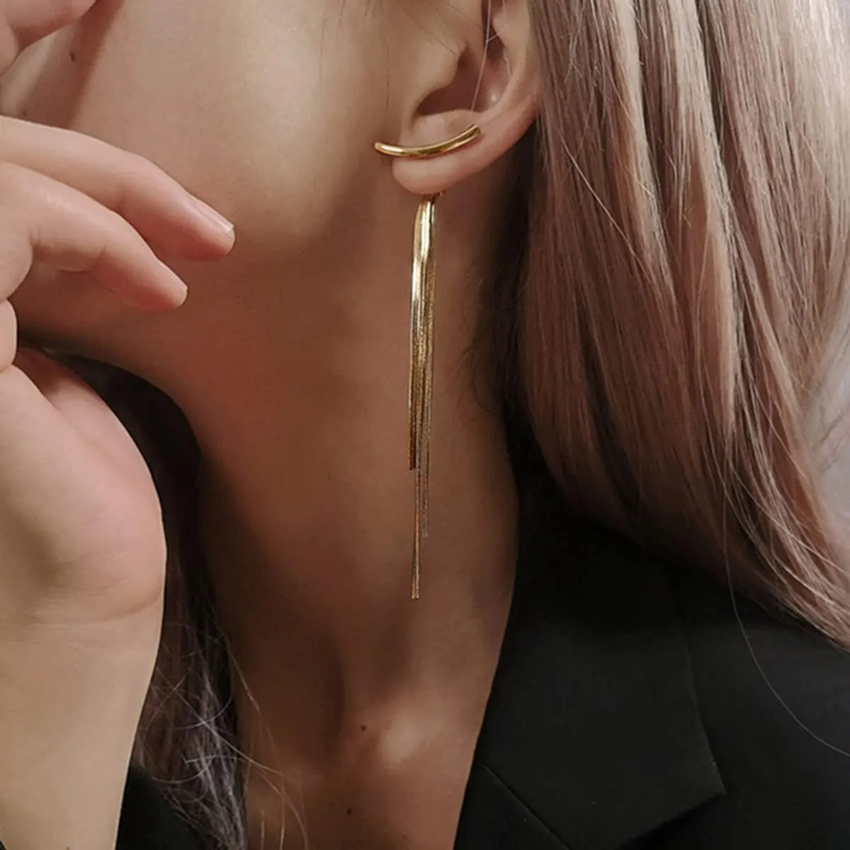 Trendy Gold Long Tassel Earrings Simple Chandelier Tassel Chain Dangle Drop Earrings Bridesmaid Wedding Party Prom Earrings Wedding Party Jewelry Gifts for Women