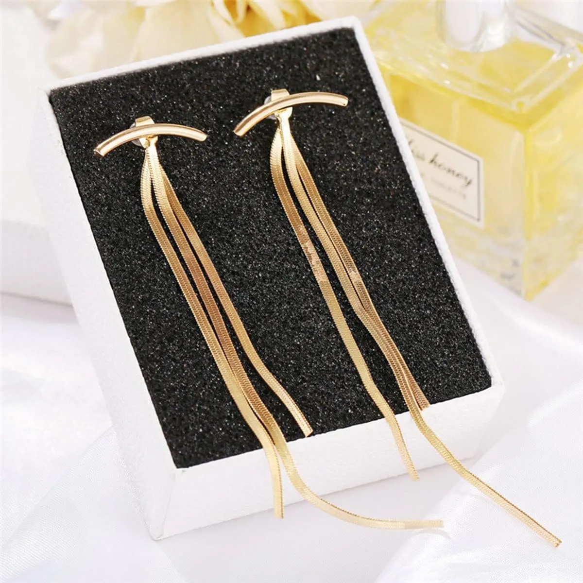 Trendy Gold Long Tassel Earrings Simple Chandelier Tassel Chain Dangle Drop Earrings Bridesmaid Wedding Party Prom Earrings Wedding Party Jewelry Gifts for Women