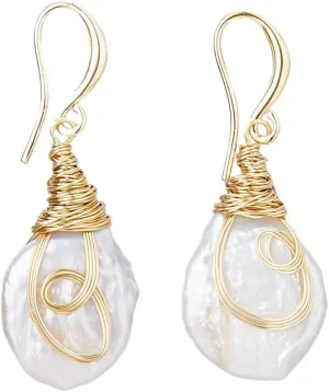UNICRAFTALE 1 Pair Pearl Dangle Earrings Real 14K Gold Plated Earrings Freshwater Pearl Drop Earrings Natural Pearl Dangle Earrings with Metal Wire Wrap Wedding Party Gifts for Woman Brides