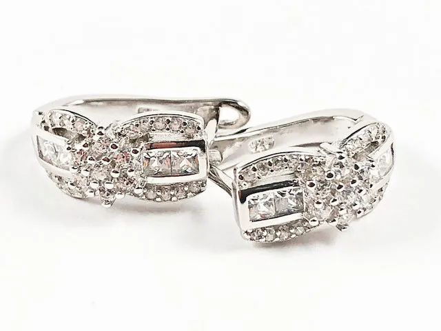 Unique Criss Cross Design CZ Huggie Style Silver Earrings