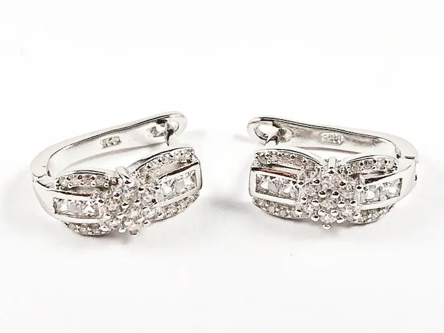 Unique Criss Cross Design CZ Huggie Style Silver Earrings