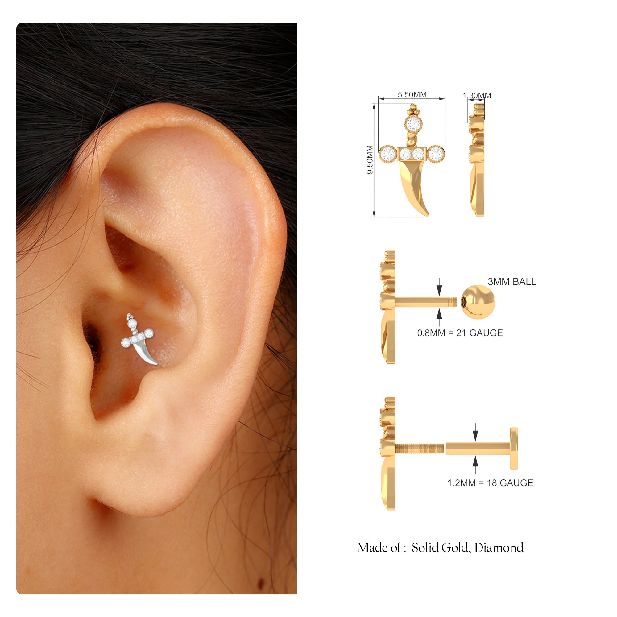 Unique Diamond Dagger Earring for Cartilage Piercing