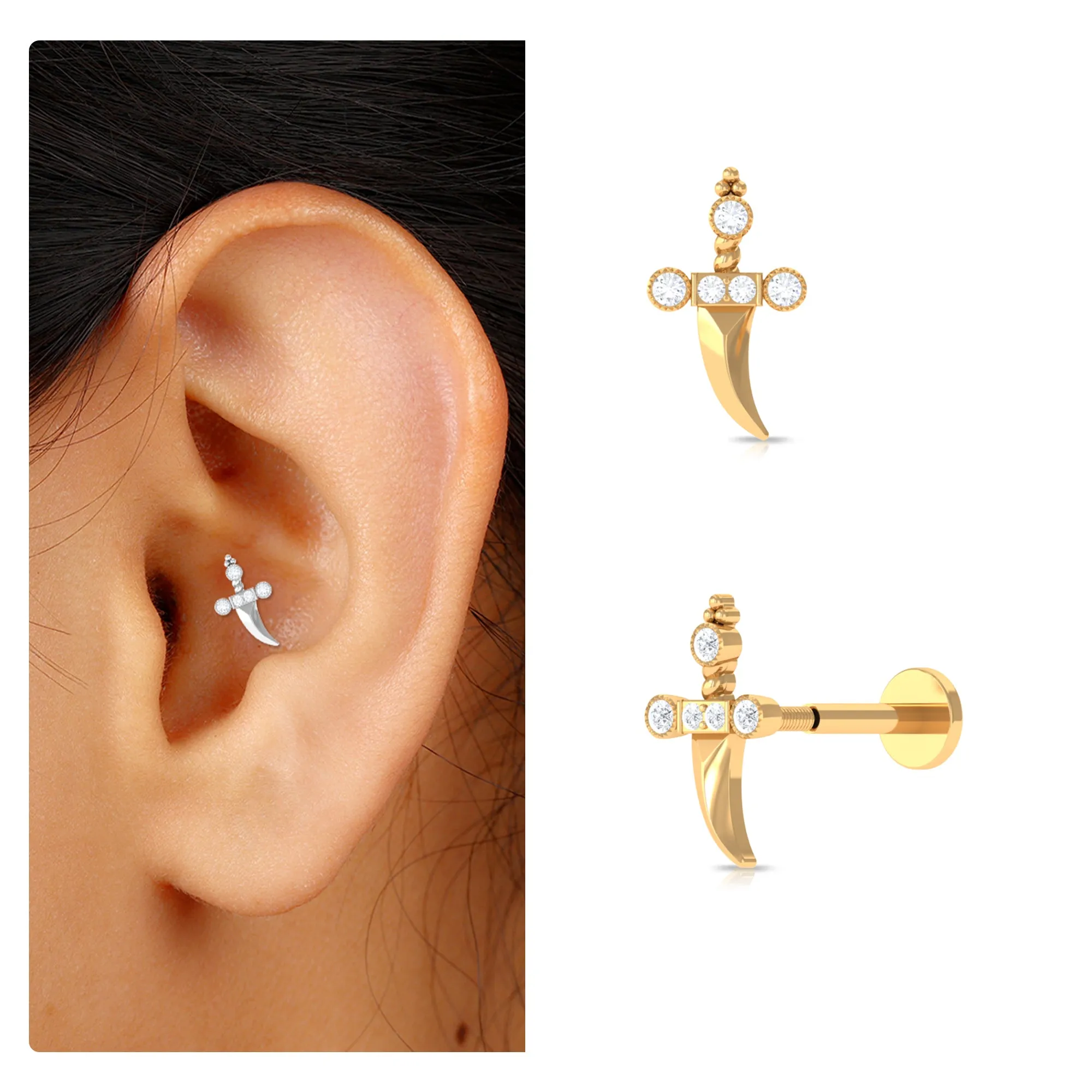 Unique Diamond Dagger Earring for Cartilage Piercing
