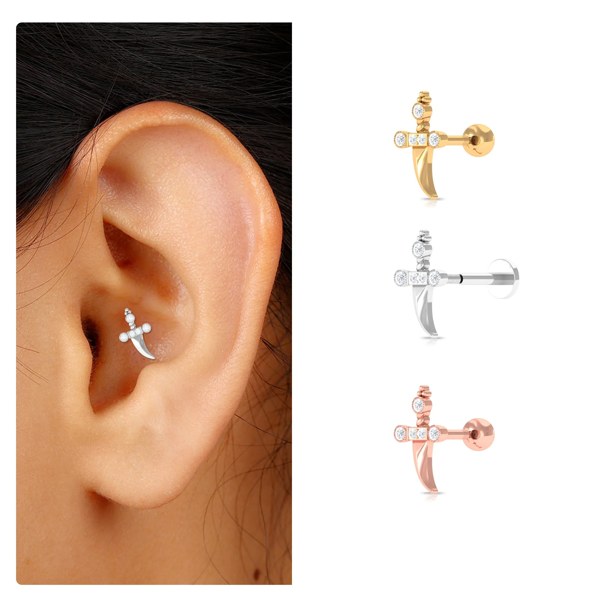 Unique Diamond Dagger Earring for Cartilage Piercing