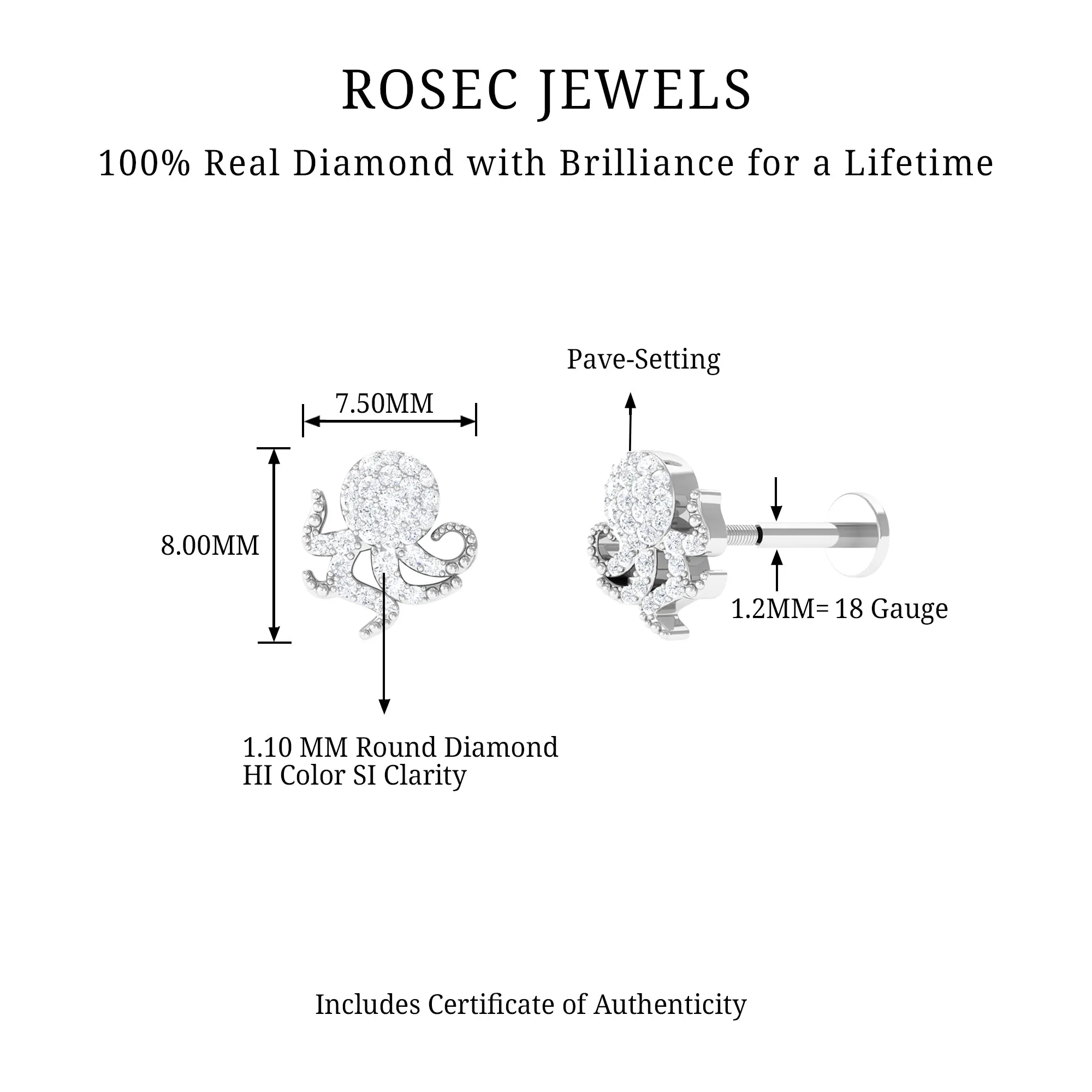 Unique Diamond Octopus Earring with Flat Back