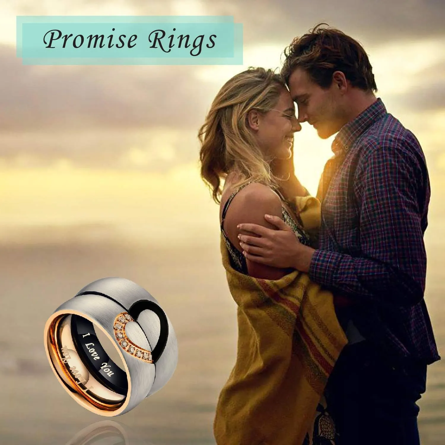 Valentine's Day Gift,6mm Heart Matching Couple Rings for him and her Stainless Steel Wedding Engagement Bands Sets Promise Rings for Couples, Engraved I Love You with Box Chain Anniversary Birthday