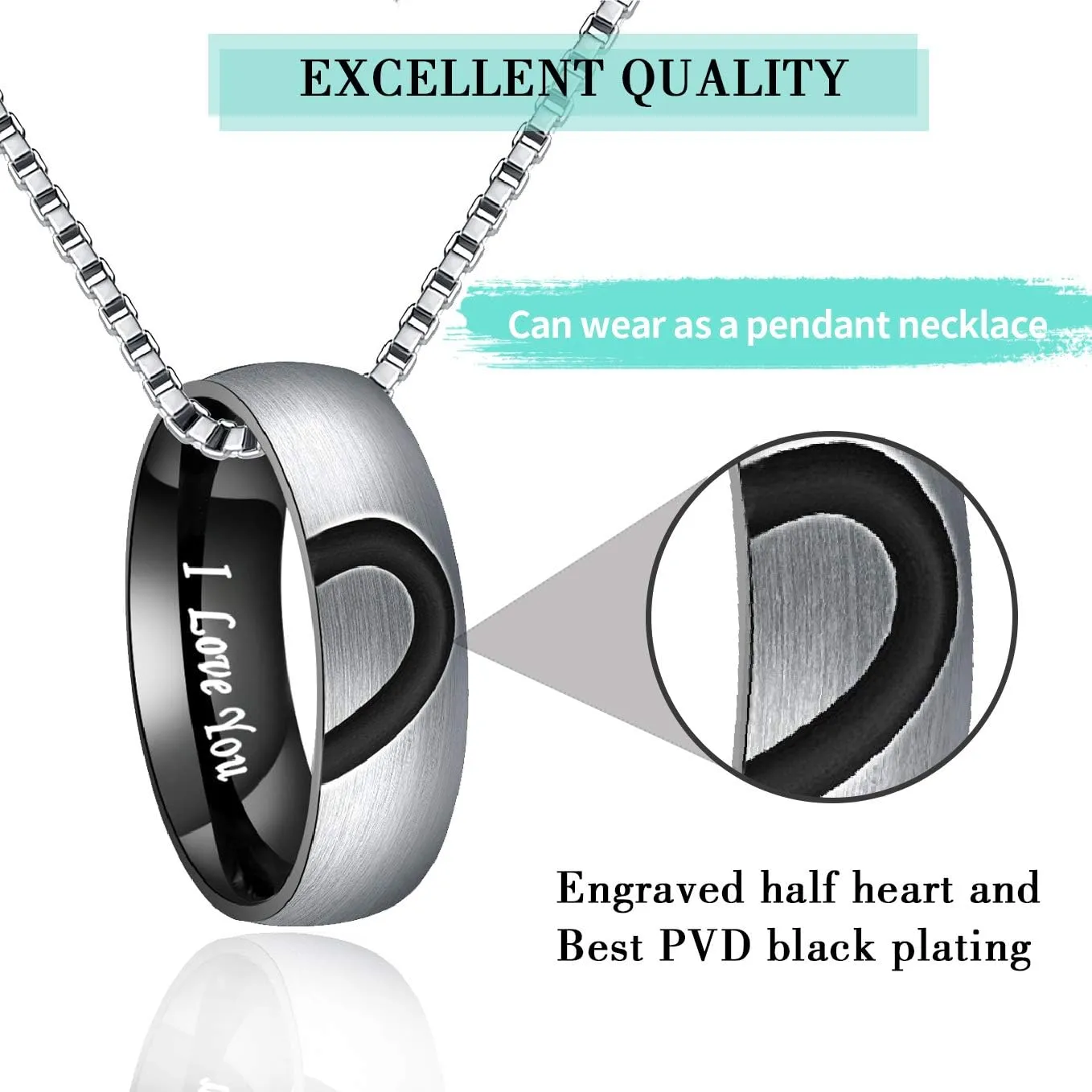 Valentine's Day Gift,6mm Heart Matching Couple Rings for him and her Stainless Steel Wedding Engagement Bands Sets Promise Rings for Couples, Engraved I Love You with Box Chain Anniversary Birthday